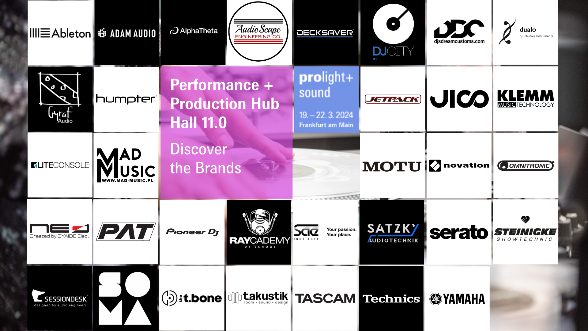 Logos of the exhibitors of the Performance + Production Hub